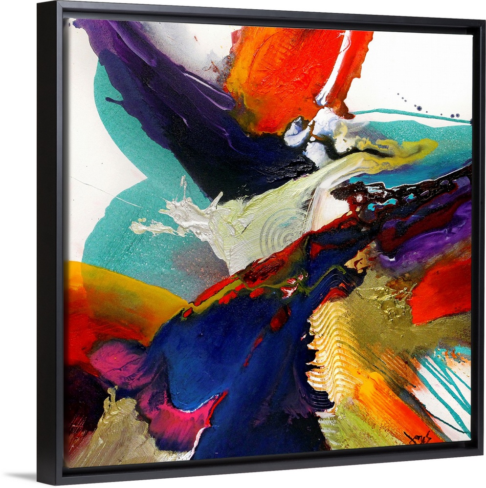 This highly energetic square wall art was created by layering splattered paint to create this contemporary abstract painting.