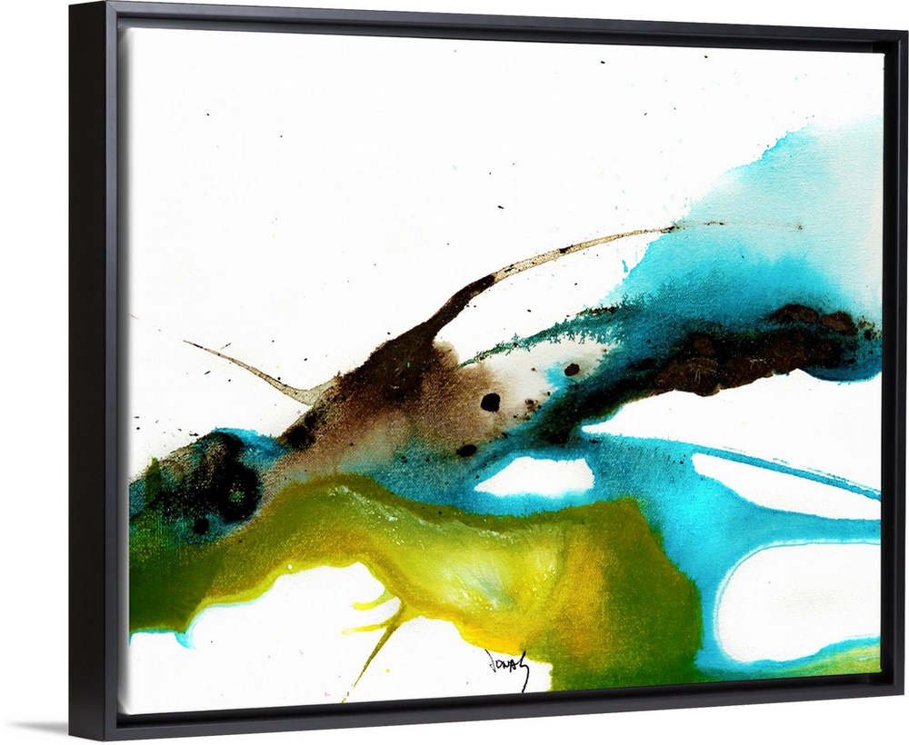 Large abstract painting with bright, multicolor paint splatters on a blank background.