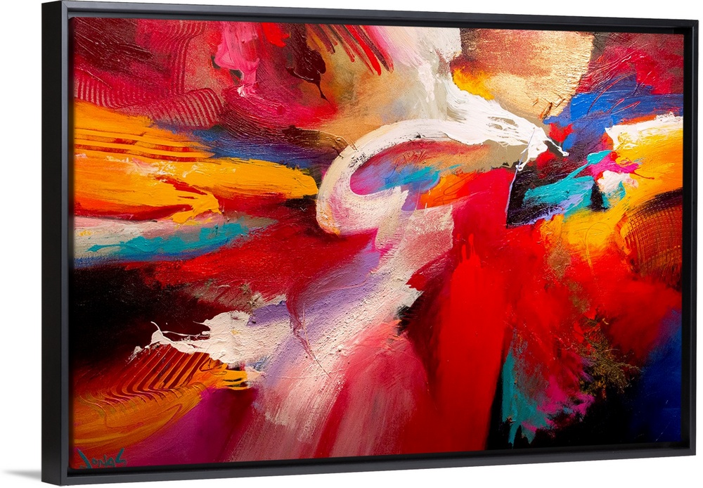 An energetic abstract painting made with thick paint textures and broad brush strokes.