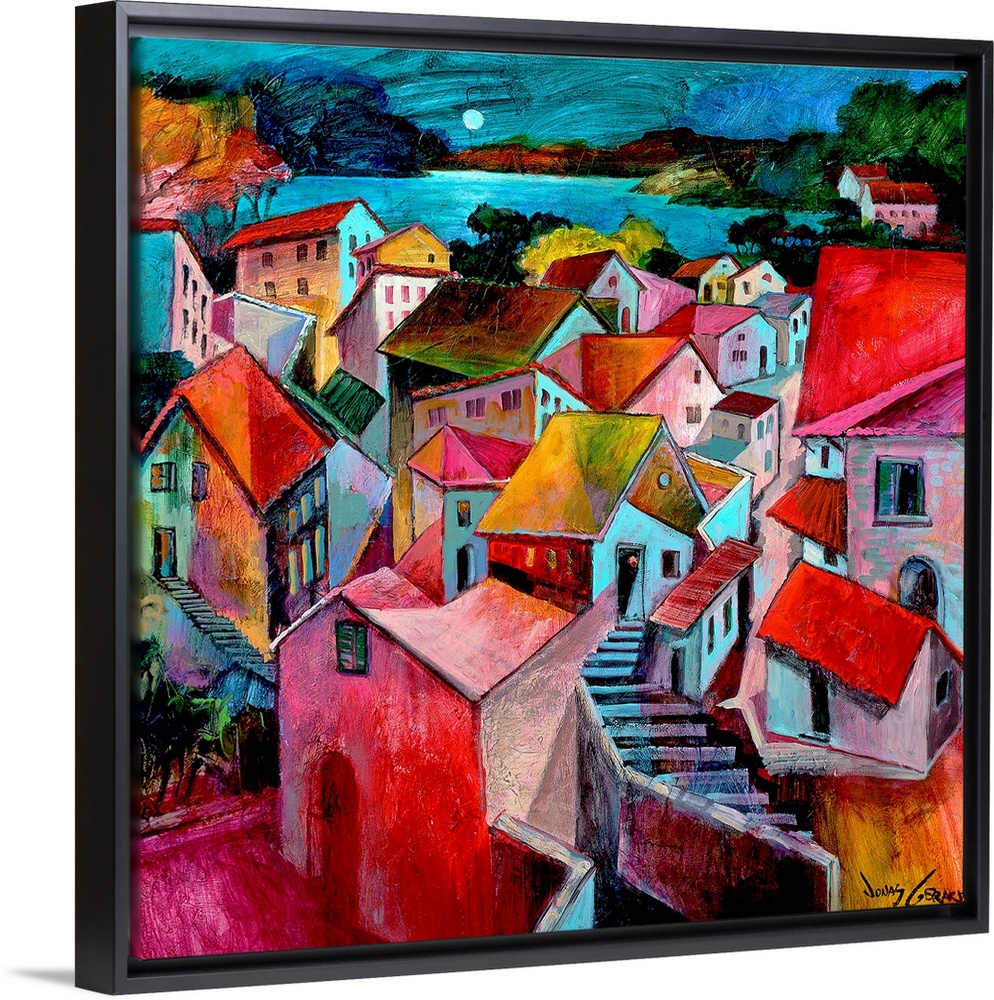 Large painting of an European village lit up at night with the moon rising in the distance.