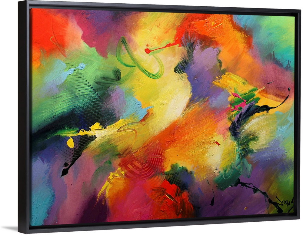 A wild abstract painting of vivid colors blended together on horizontal wall art.