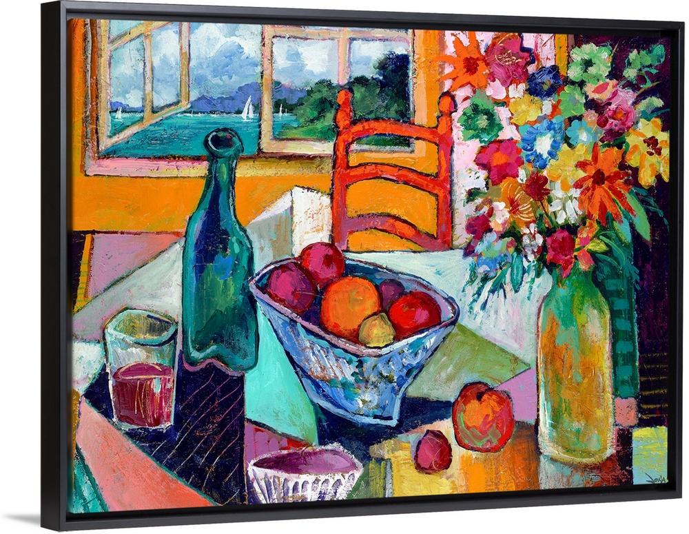 Contemporary art painting of a table with fruit, flowers and wine next to an open window overlooking a sailboat on the water.