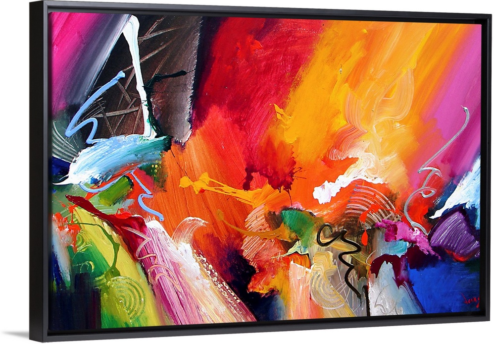 Large abstract painting composed of sharp lines, vibrant colors and lots of movement.