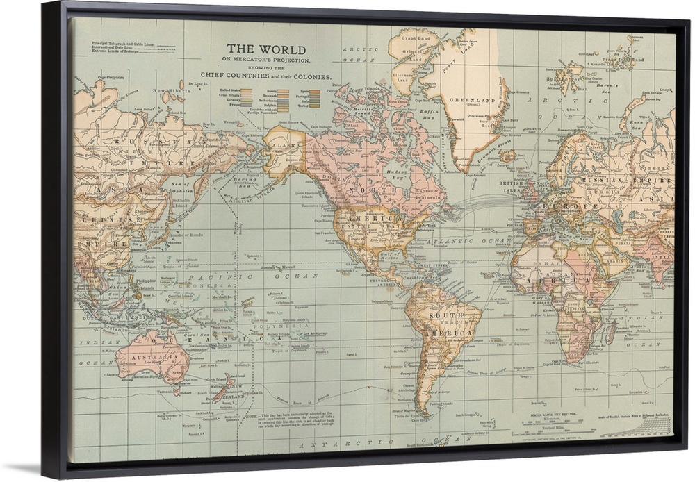 Vintage map of the earth on a pale blue green background, from the Encyclopaedia Britannica collection, with the Americas ...