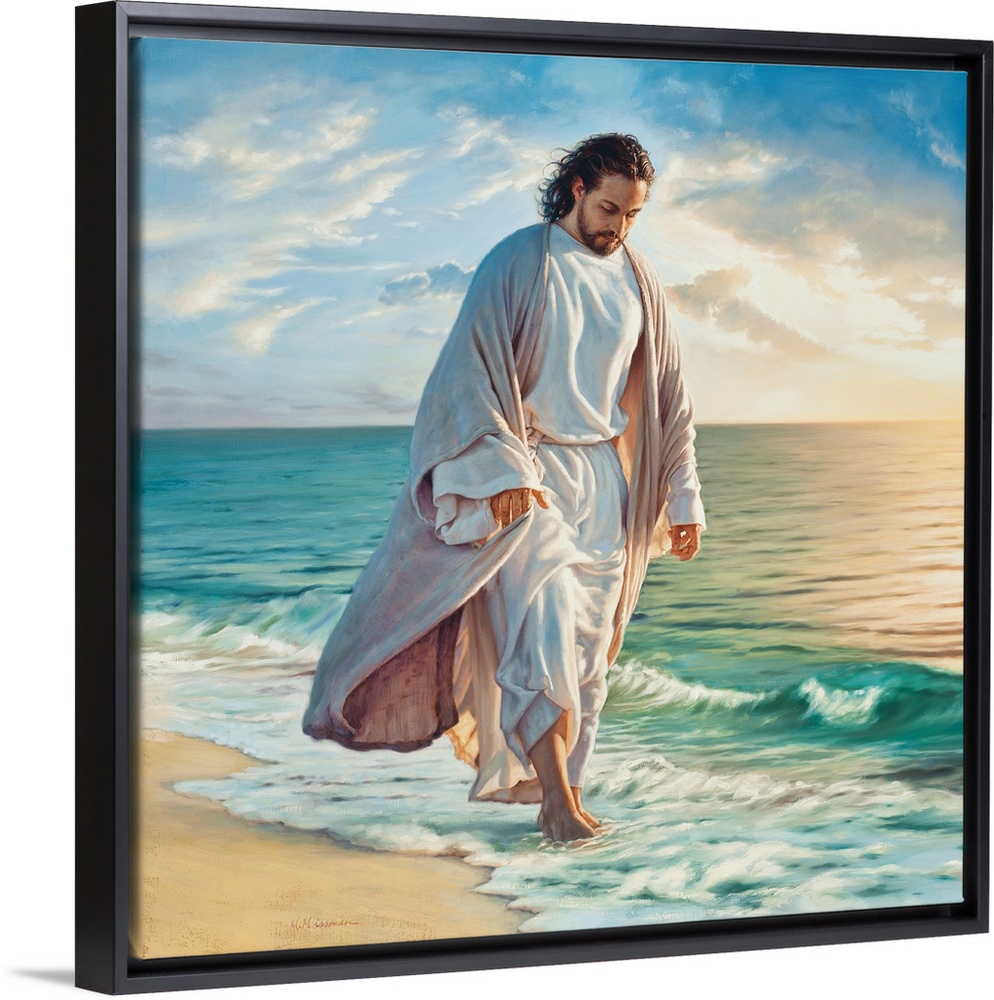 Fine Art painting of Jesus walking in the edge of the surf on a beach.