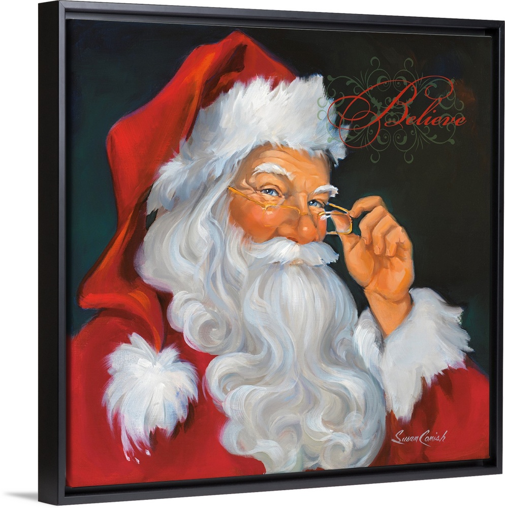 Fine art painting of Santa Claus in a red suit with the word "Believe"  above his head.