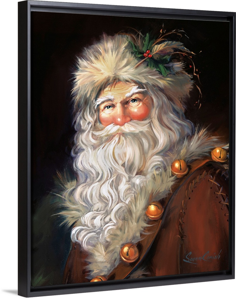 Fine art painting of Santa Claus wearing a fur hat and jacket.