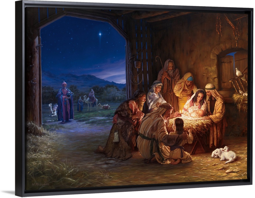 Religious painting featuring the nativity scene as shepherds gather around the baby Jesus and the...