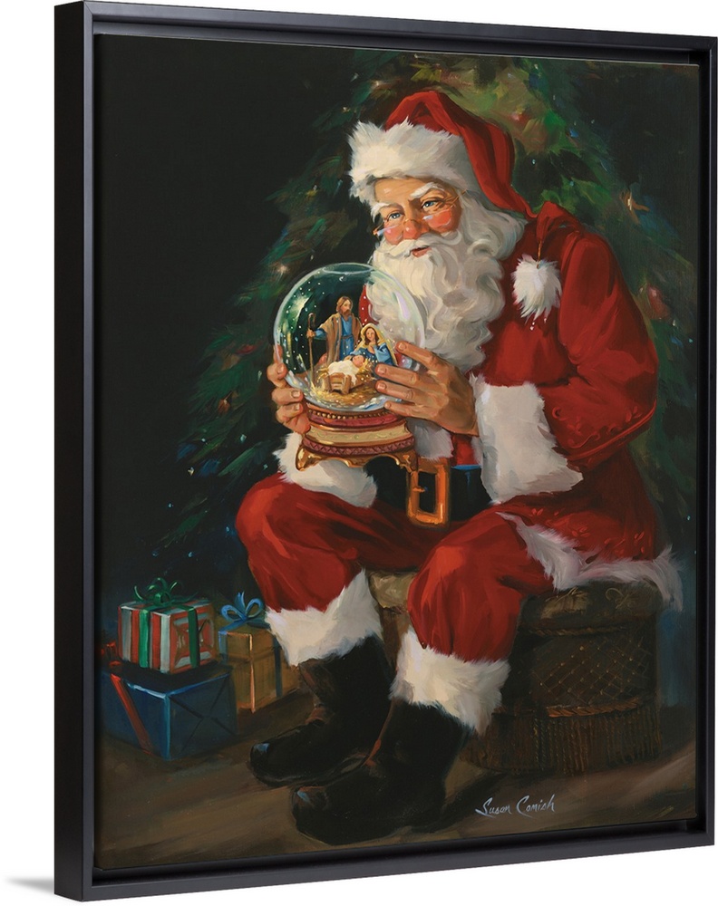 Decor for the holiday season of Santa holding a large snow globe with a Nativity scene and baby Jesus inside.