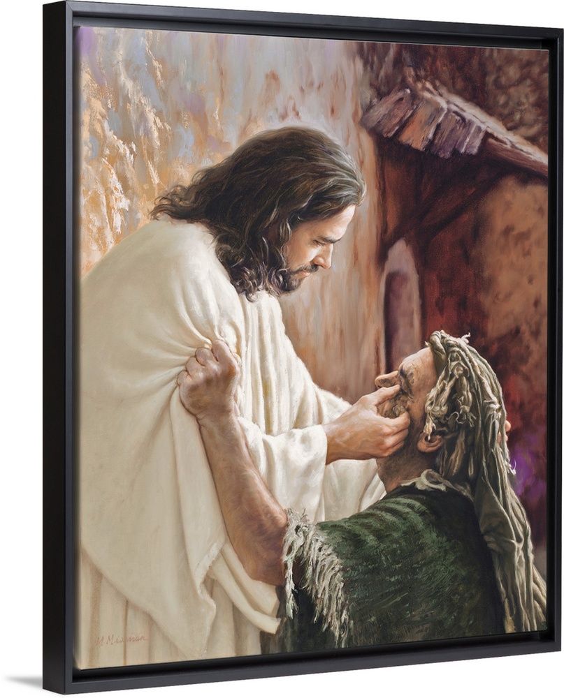 Fine art painting of Jesus rubbing a man's eyes.