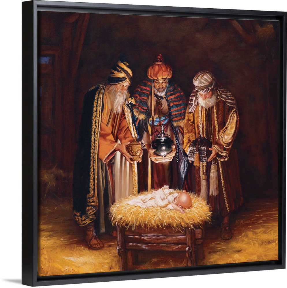 Religious art of three wise men bringing baby Jesus gifts.