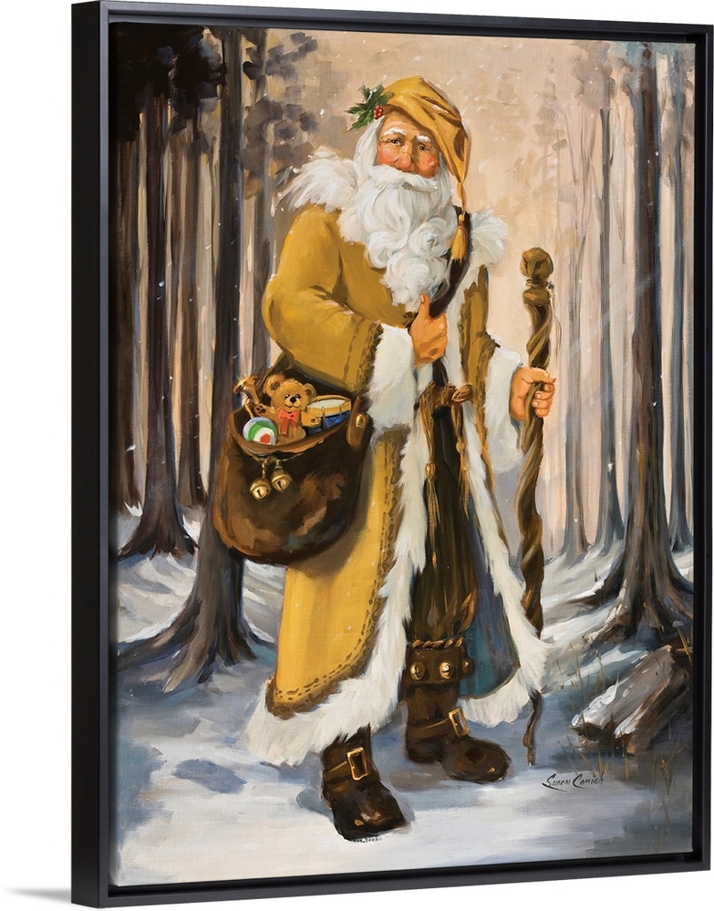 Painting of Santa in a yellow suit walking through the woods.