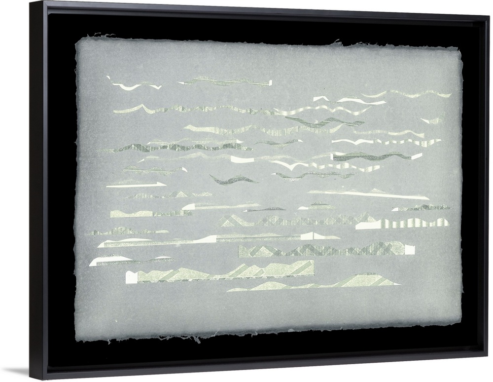 Abstract shapes that evoke waves, mountains, and handwriting are suspended in handmade paper.