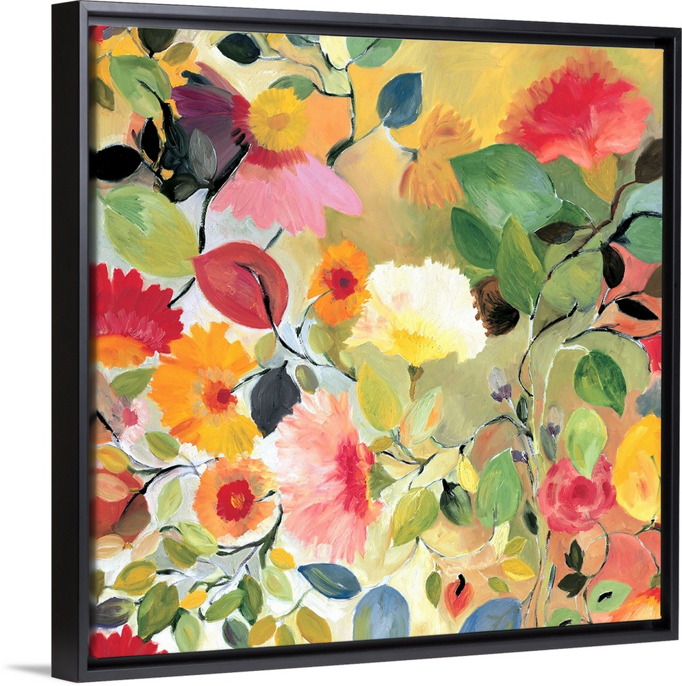 A series of flowers and leaves in warm colors and a soft style against a light background.