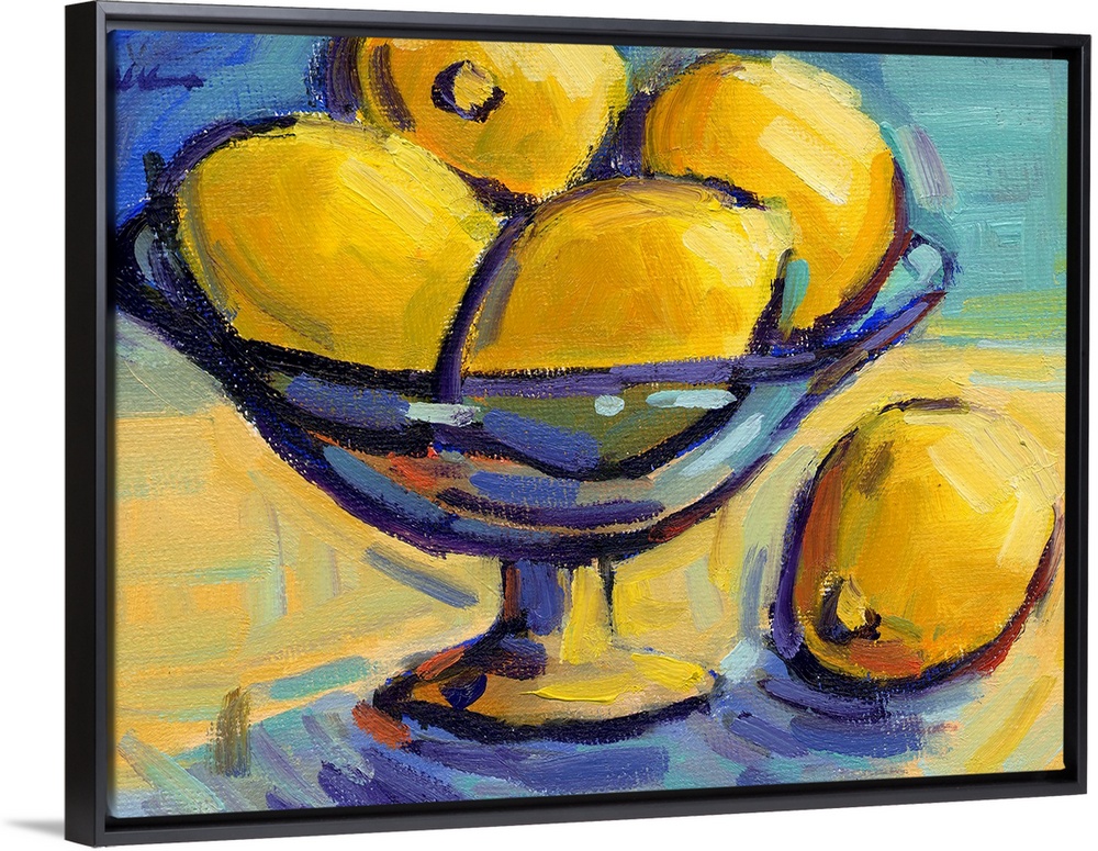 A contemporary abstract painting of a bowl of lemons against a blue background.