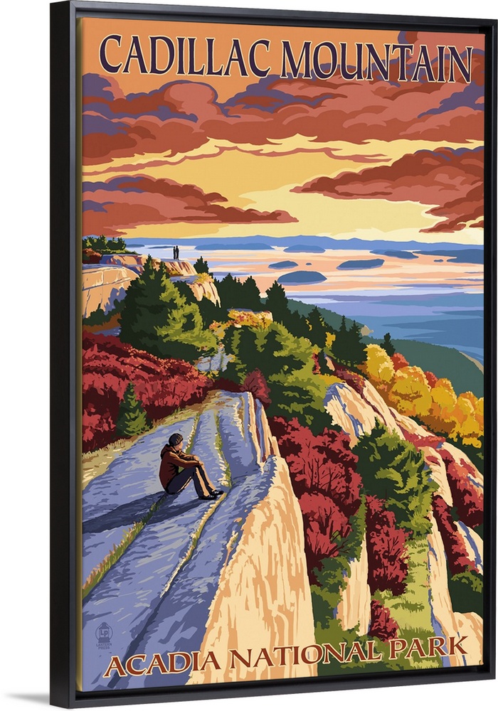 Acadia National Park, Maine - Cadillac Mountain: Retro Travel Poster