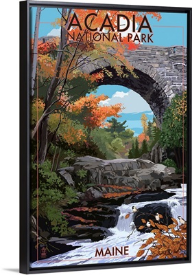 Acadia National Park, Maine - Stone Bridge: Retro Travel Poster