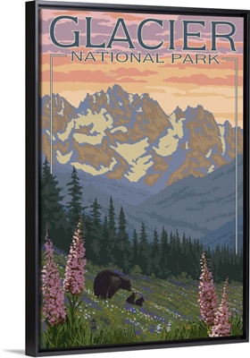 Bear and Cubs with Flowers - Glacier National Park, Montana: Retro Travel Poster