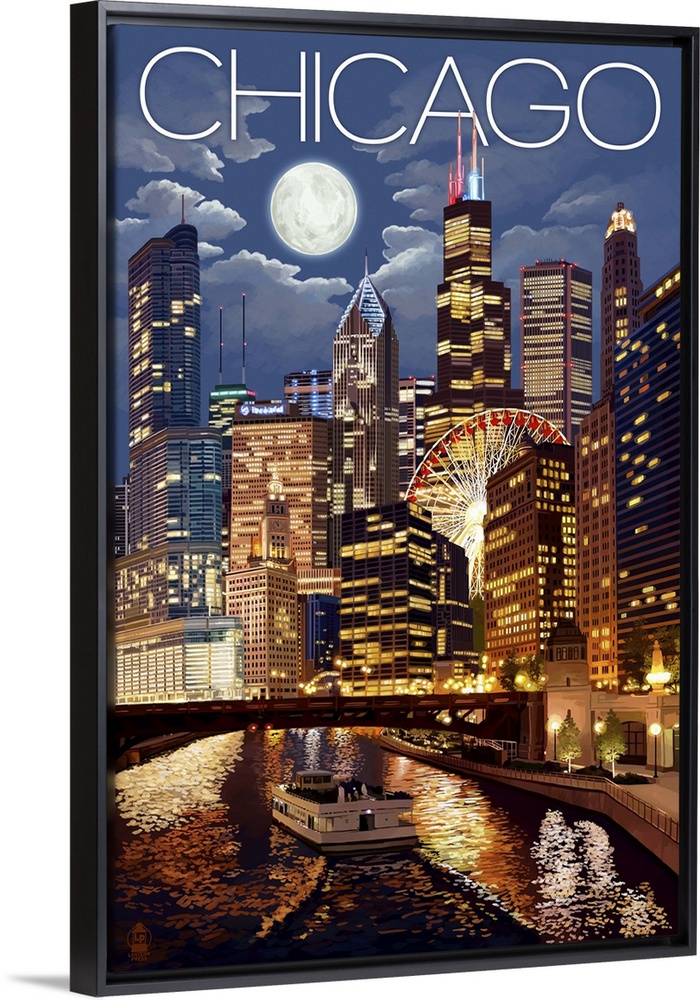 Chicago, Illinois - Skyline at Night: Retro Travel Poster