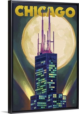Chicago, Illinois - Willis Tower and Full Moon: Retro Travel Poster