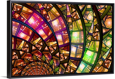 Close Up Of Geometric Stained Glass With Sun Shining Through