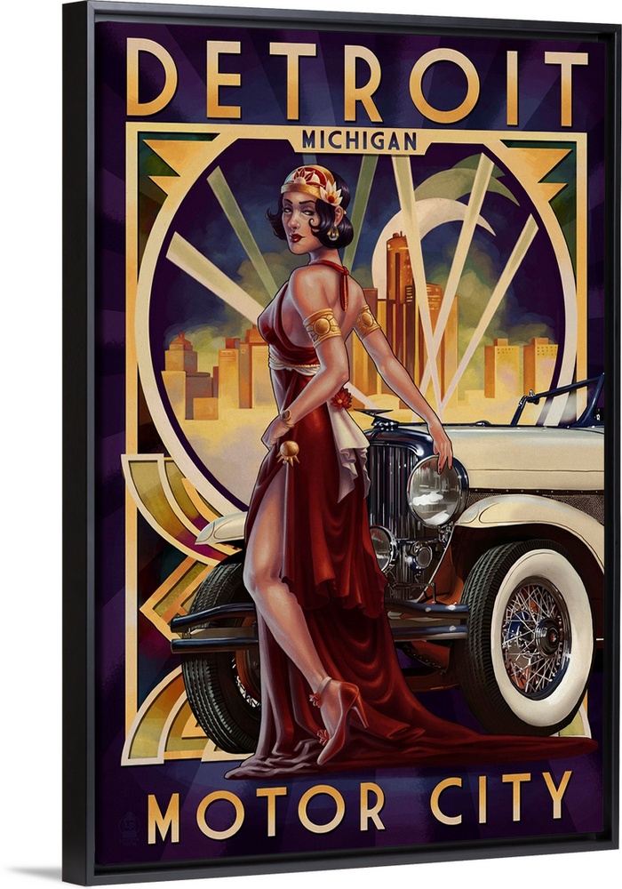A stunning art deco style portrait of a glamorously dressed woman leaning against an antique automobile. Perfect for any v...
