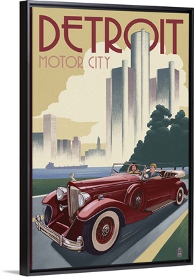 Detroit, Michigan - Vintage Car and Skyline: Retro Travel Poster