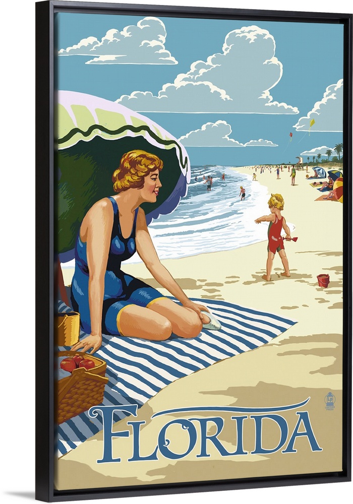 Retro stylized art poster of a beach scene, with a woman sitting on a blanket under a an umbrella.