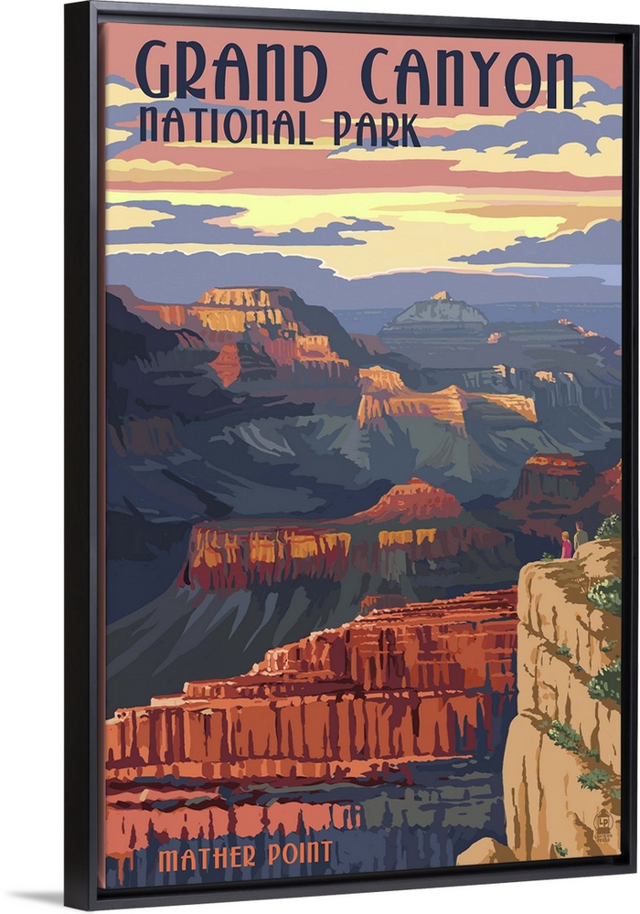 Retro stylized art poster of a view of a massive canyon.