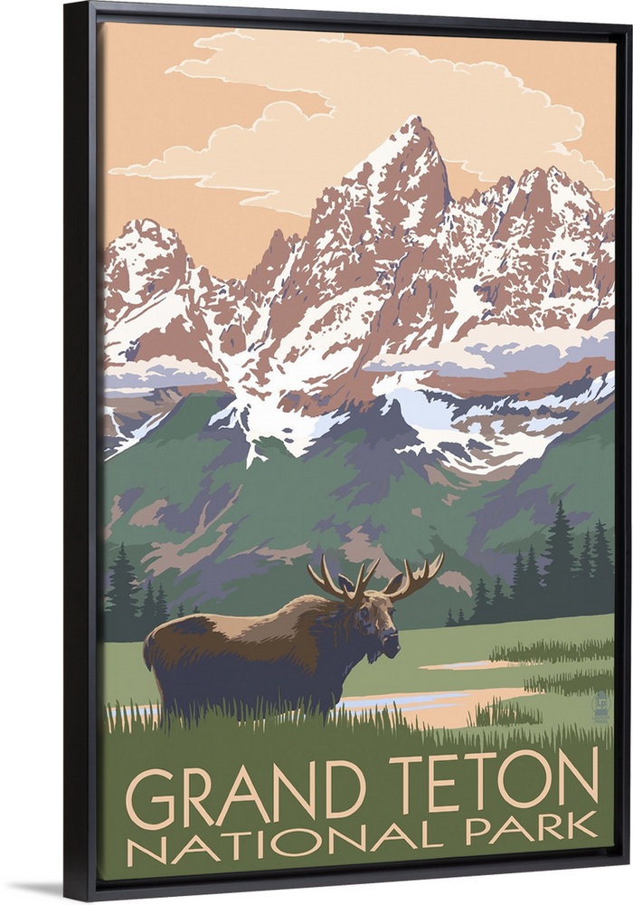 Grand Teton National Park - Moose and Mountains: Retro Travel Poster