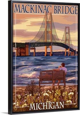 Mackinac Bridge and Sunset, Michigan: Retro Travel Poster