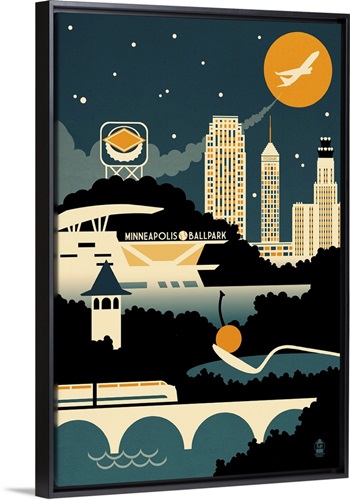 Minneapolis, Minnesota, Retro Skyline Stretched Canvas, Black Floating Frame