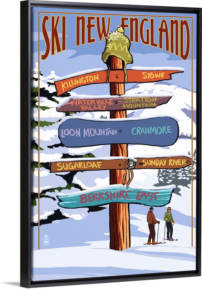 New England - Ski Areas Sign Destinations: Retro Travel Poster