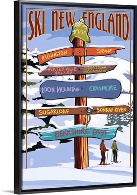 New England - Ski Areas Sign Destinations: Retro Travel Poster