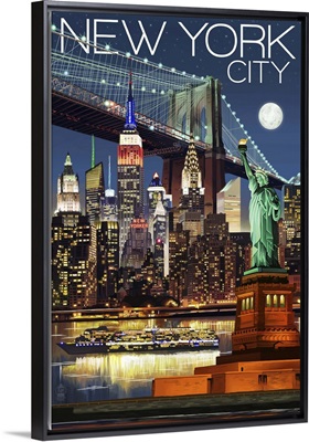 New York City, NY - Skyline at Night: Retro Travel Poster