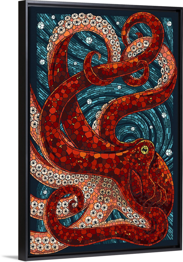 An intricately flowing mosaic-style image of a large red octopus fills the entire picture. Complimented by a dark teal mos...