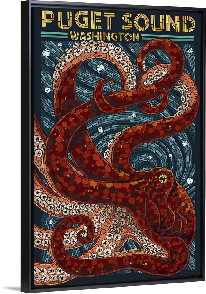 Puget Sound, Washington - Octopus Mosaic: Retro Travel Poster