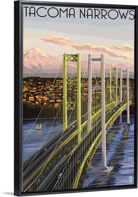 Tacoma, Washington - Narrows Bridge and Rainier: Retro Travel Poster