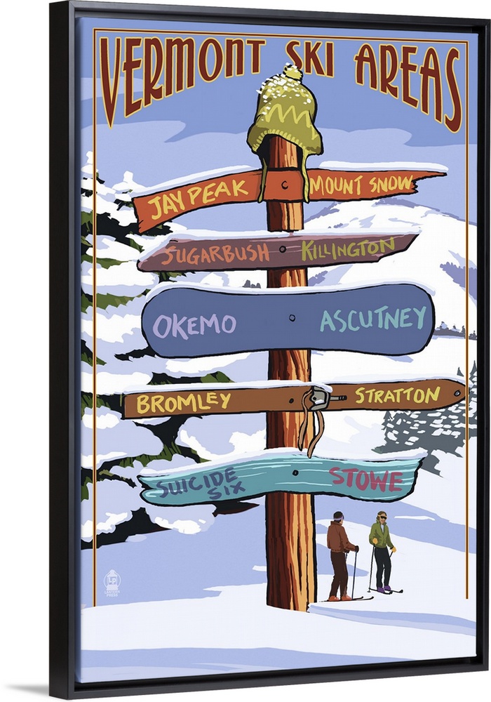 Retro stylized art poster of a sign post giving different directions.