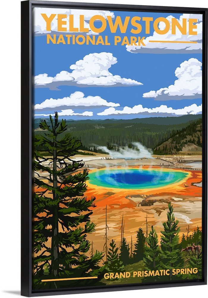 Yellowstone National Park - Grand Prismatic Spring: Retro Travel Poster
