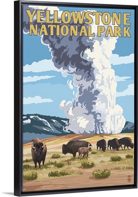 Yellowstone National Park - Old Faithful Geyser and Bison Herd: Retro Travel Poster