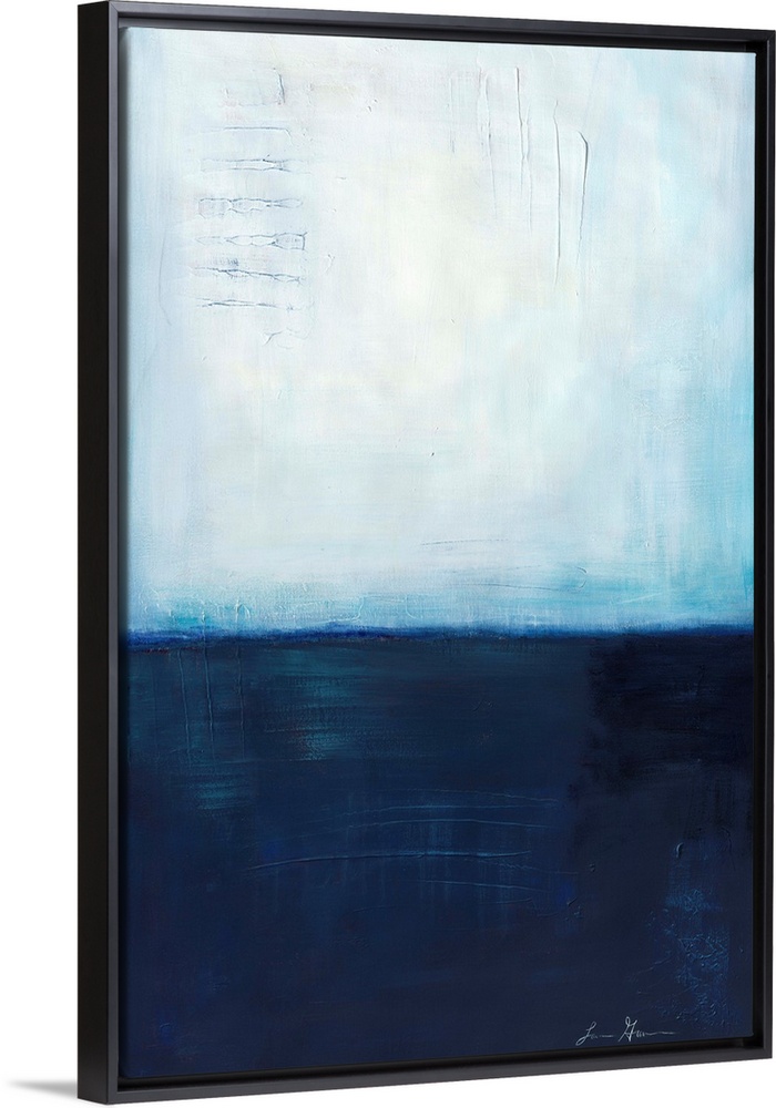 Contemporary abstract painting using dark blue and light blue colors meeting almost in the middle to create a colorfield.