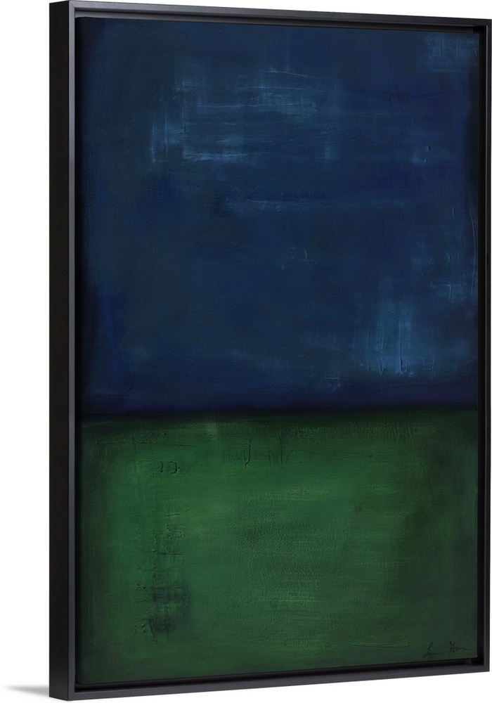 Contemporary abstract painting of a dark blue and green colorfield.