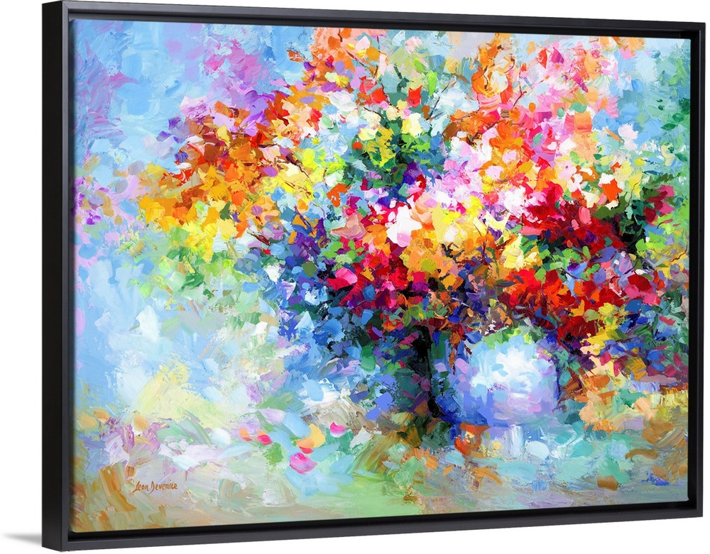 Contemporary painting of a colorful vase of flowers.