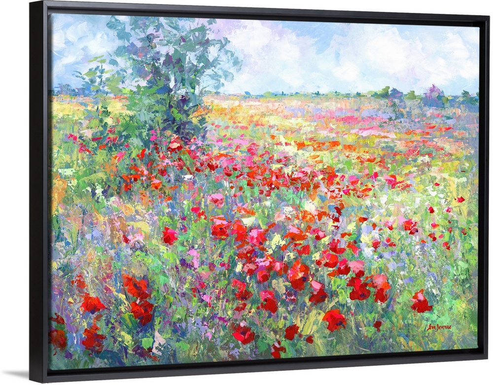 Contemporary painting of a vibrant and colorful wildflower field in Tuscany, Italy.