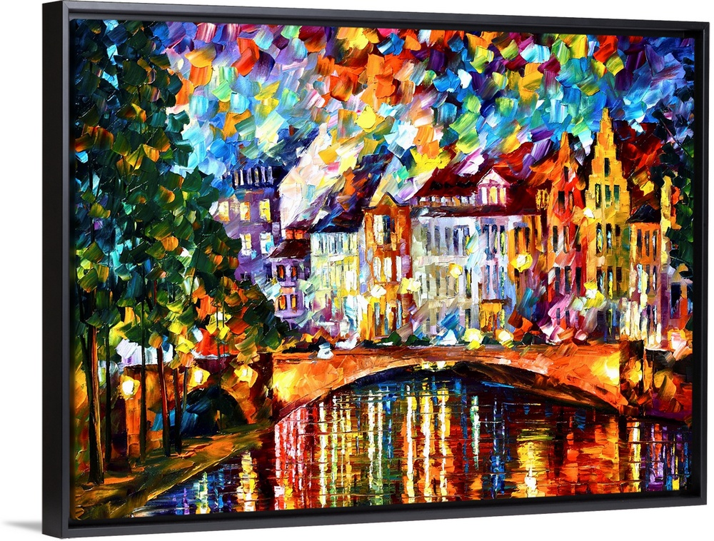 Brightly colored abstract painting of Amsterdam with short thick brush strokes on canvas.