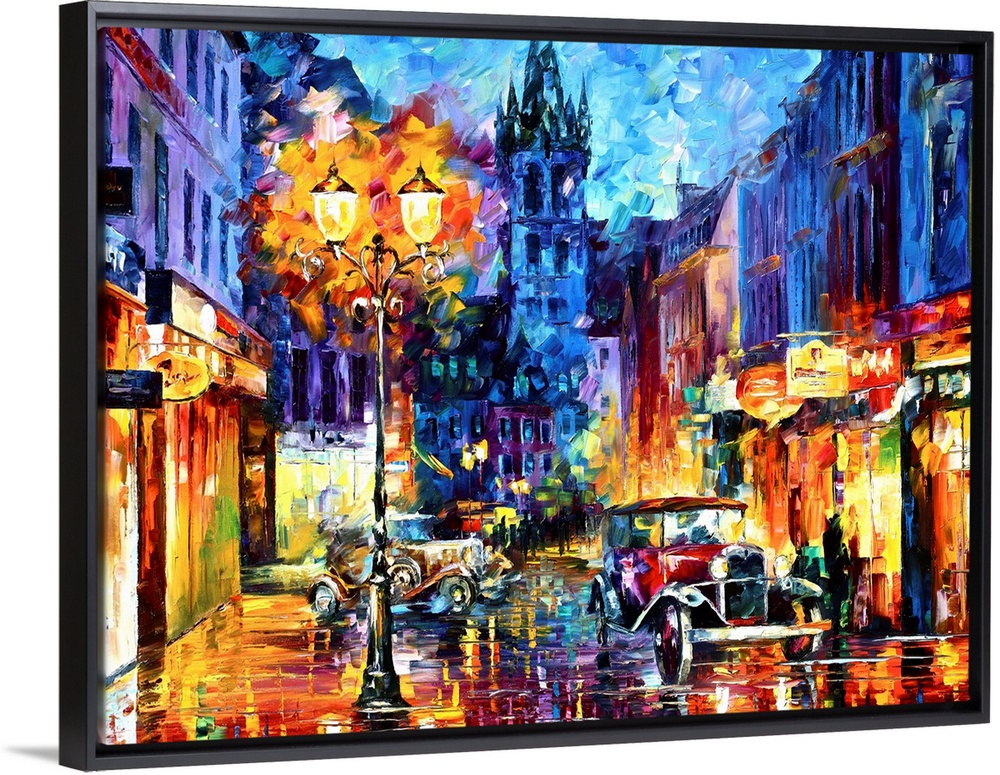 Contemporary artwork that uses various colors to depict a small town with old fashioned cars on the street and an antique ...