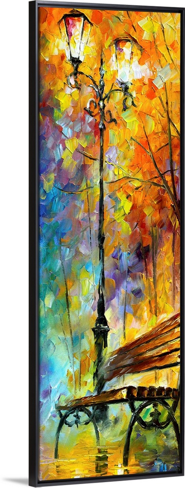 This large vertical piece is a painting of a bench and a street lamp with an array of colors painted around the lamp and a...