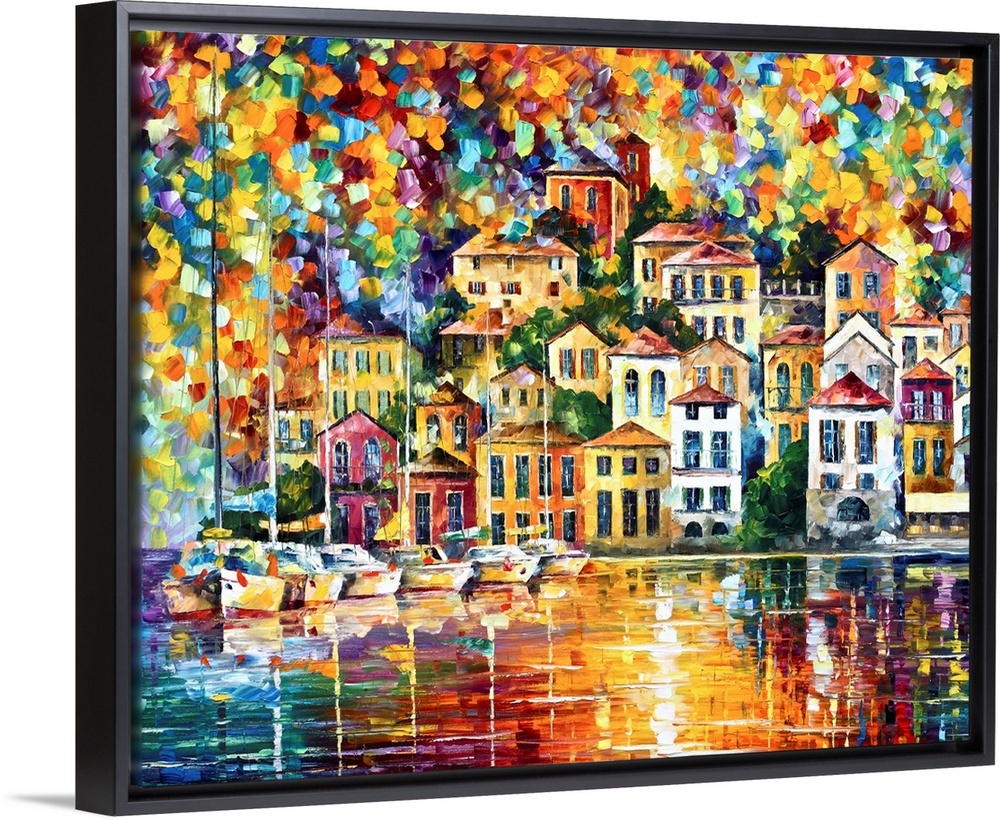 A contemporary painting that makes use of a saturated rainbow of colors to show a harbor with sail boats and homes built i...