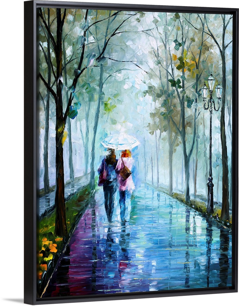 Vertical painting of two people walking in the rain with an umbrella on a path lined with trees.